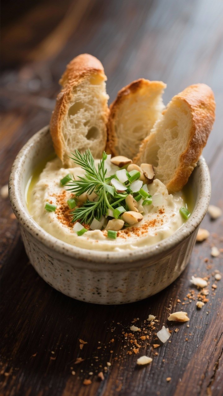 Final dish beauty shot: restaurant-quality presentation of the dip in a stoneware ramekin, garnished