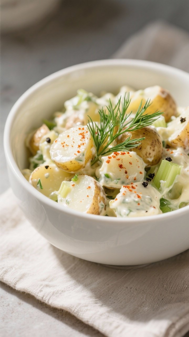 Final dish – classic serving bowl: Beautifully presented potato salad in a white ceramic serving b