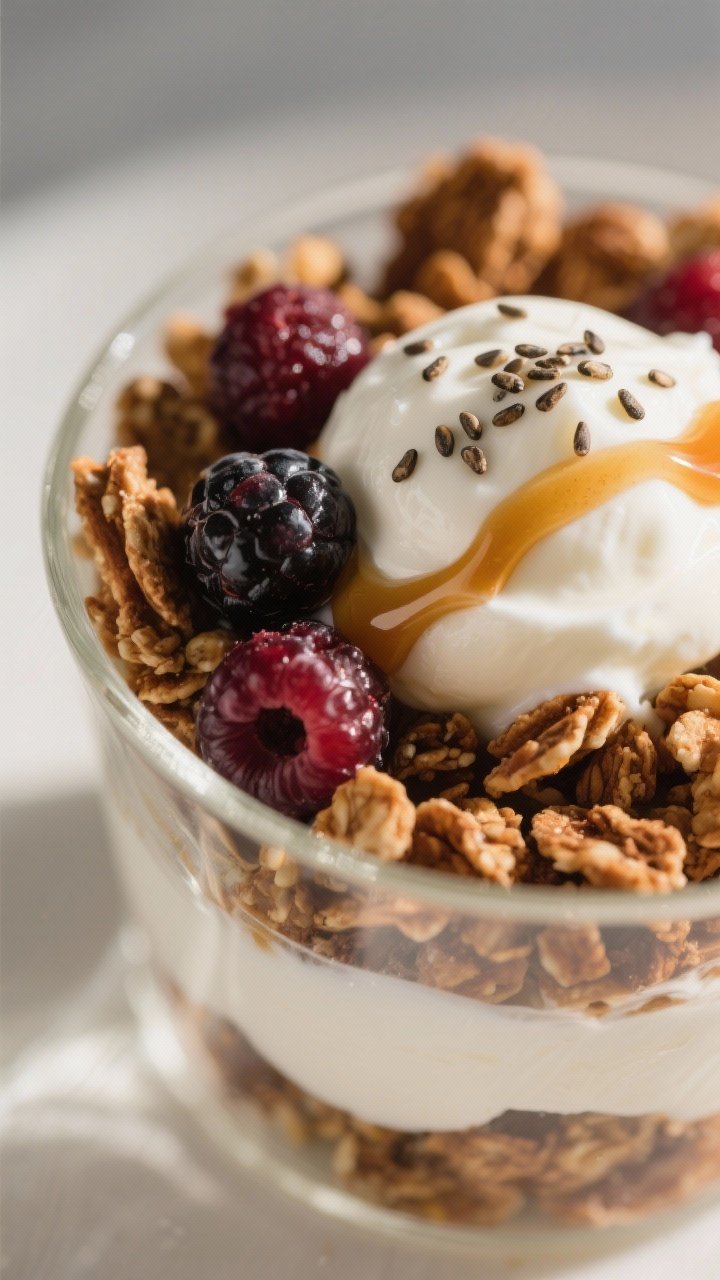 Final dish close-up: Macro shot of the top of a parfait showcasing textures—craggy clusters of cin