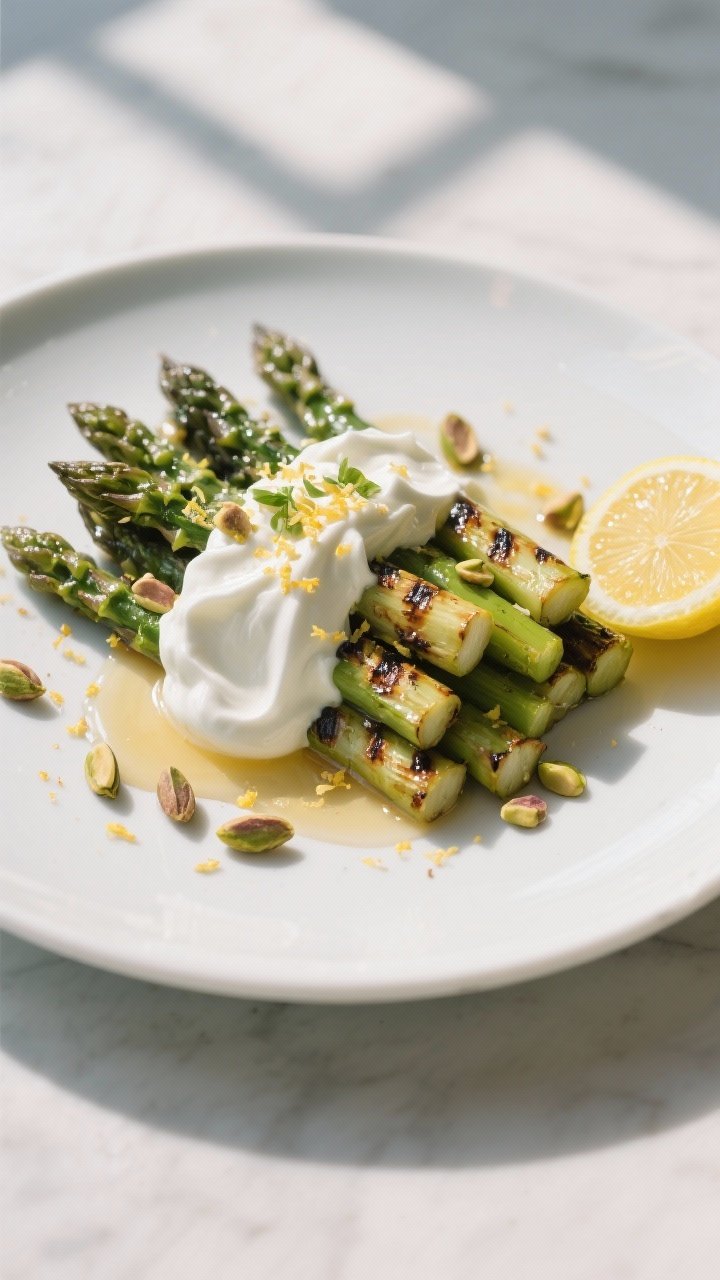 Final dish, composed plate: Beautifully plated grilled asparagus with a cool swoosh of thick Greek y