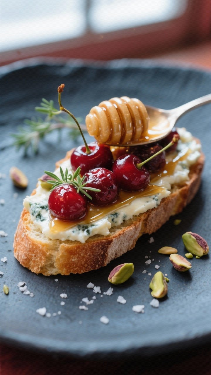 Final dish: Elegant crostini topped with a layer of creamy gorgonzola dolce and spoonfuls of warm ro
