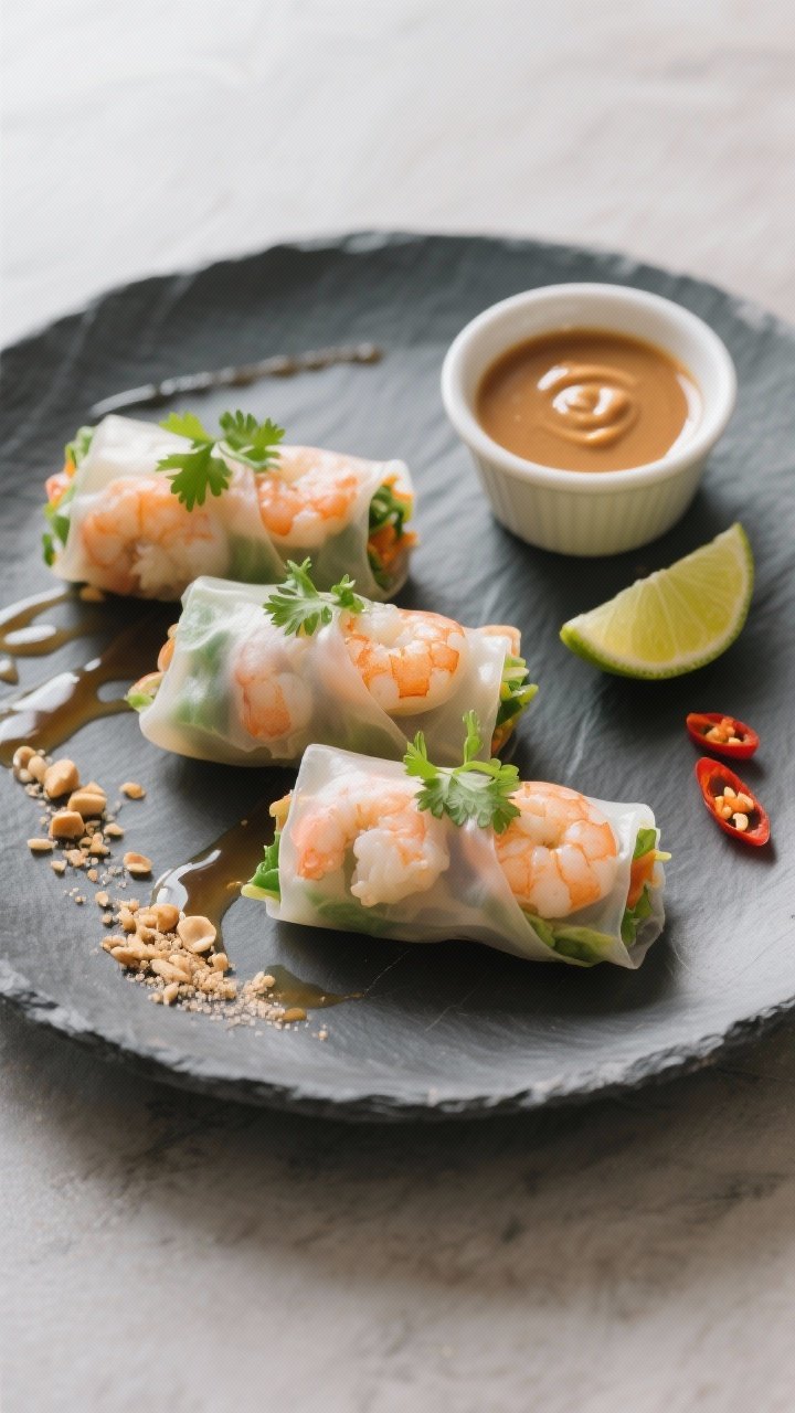 Final dish glamour: Restaurant-quality plating of three spring rolls (shrimp version) aligned on a m