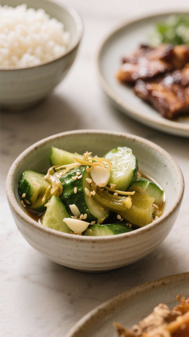 Final dish hero: Restaurant-quality presentation of the pickles as a side for a rice bowl spread—f