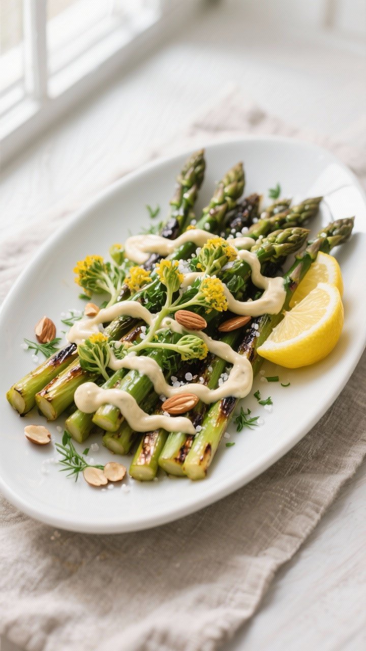 Final dish plated: Beautifully arranged platter of grilled asparagus and flower sprouts draped with