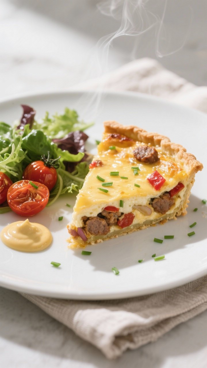 Final dish presentation: A clean slice of All-day Breakfast Quiche plated on a matte white plate wit