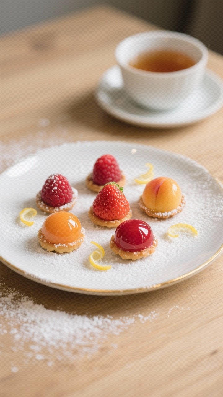 Final dish presentation: A curated plate of Jewel Drops in mixed flavors—raspberry, strawberry, an