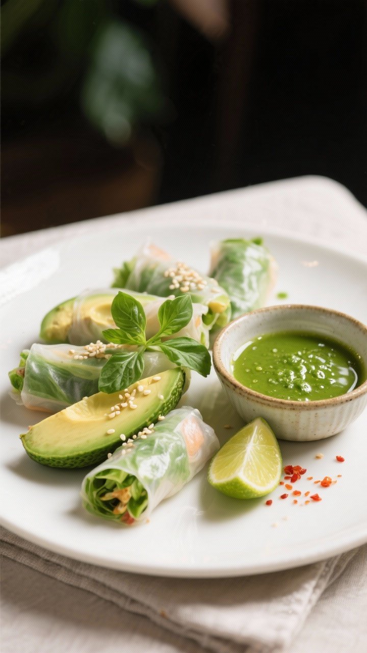 Final dish presentation: A restaurant-quality plate of whole and halved avocado summer rolls arrange