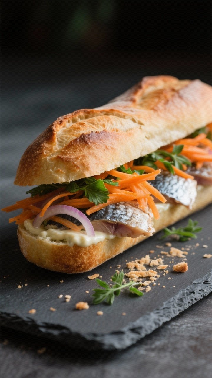 Final dish presentation: A stacked baguette sandwich cut on a bias, cross-section facing camera to s