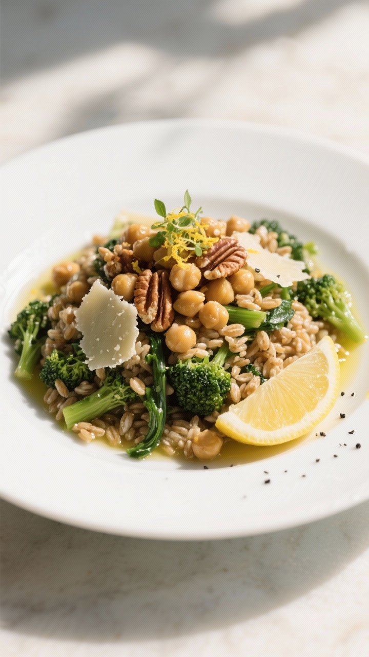 Final dish presentation: Beautifully plated Farro & Broccoli Rabe Salad on a wide, shallow white pla