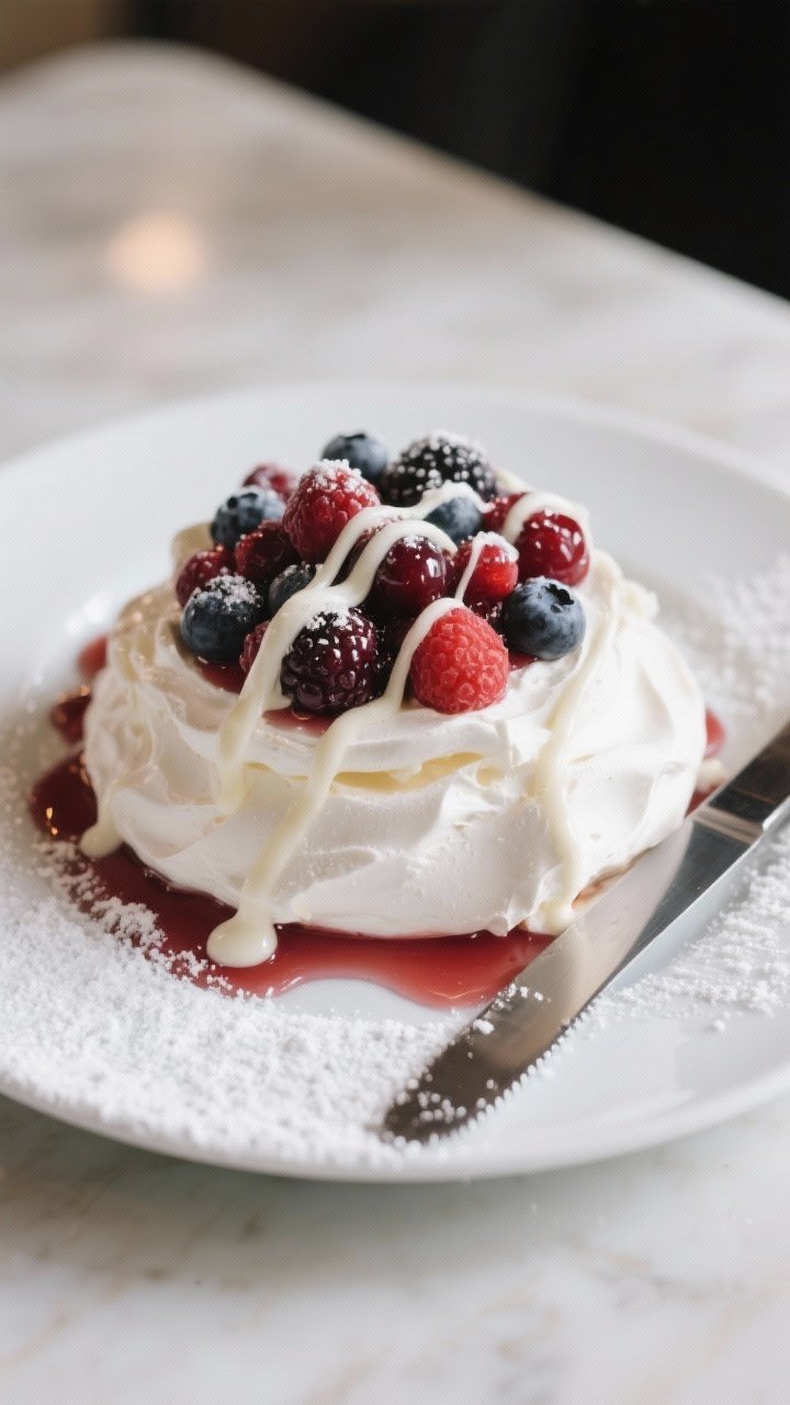 Final dish presentation: Beautifully plated Frozen Berry Pavlova crowned with glossy mixed berries a