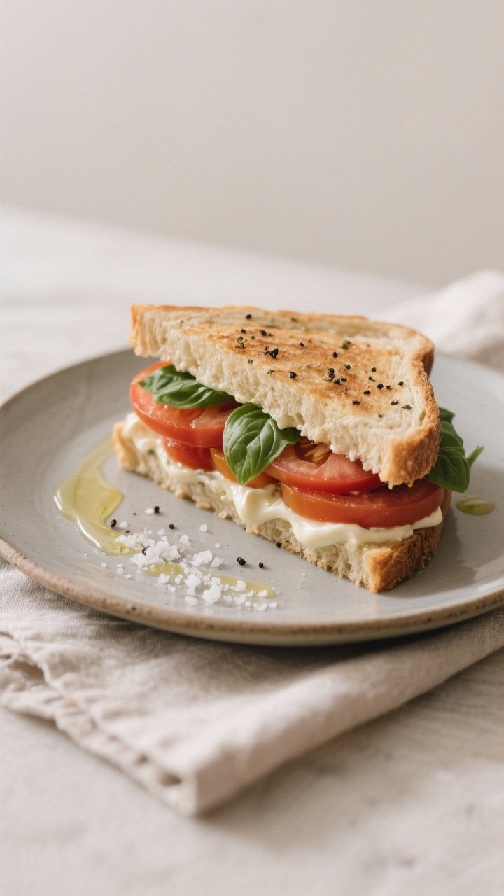 Final dish presentation: Beautifully plated heirloom tomato sandwich, closed and gently pressed, cut