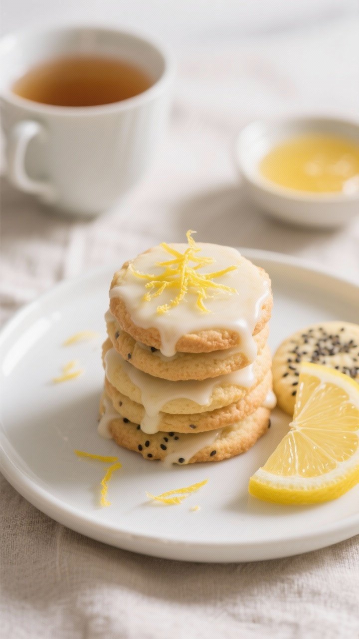 Final dish presentation: Beautifully plated Lemon Cookies stacked and fanned on a simple white ceram