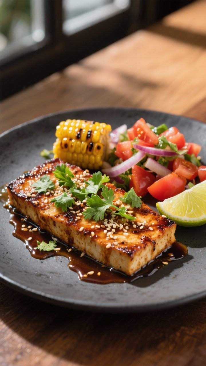 Final dish presentation: Beautifully plated marinated braaied tofu steaks on a matte charcoal plate,