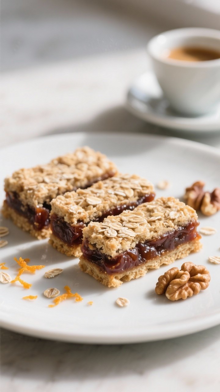 Final dish presentation: Beautifully plated oatmeal date bars sliced into neat rectangles with clean