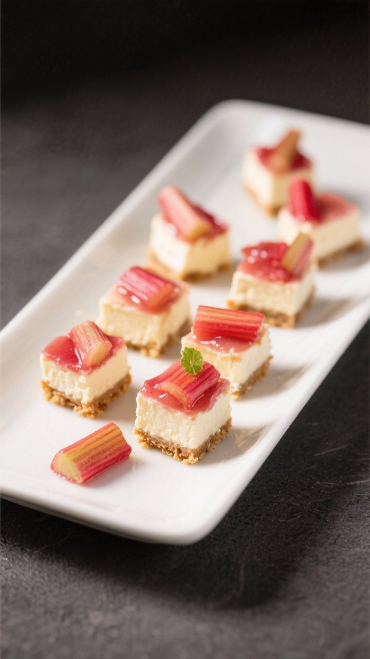Final dish presentation: Beautifully plated Stewed Rhubarb Cheesecake Bites cut into neat