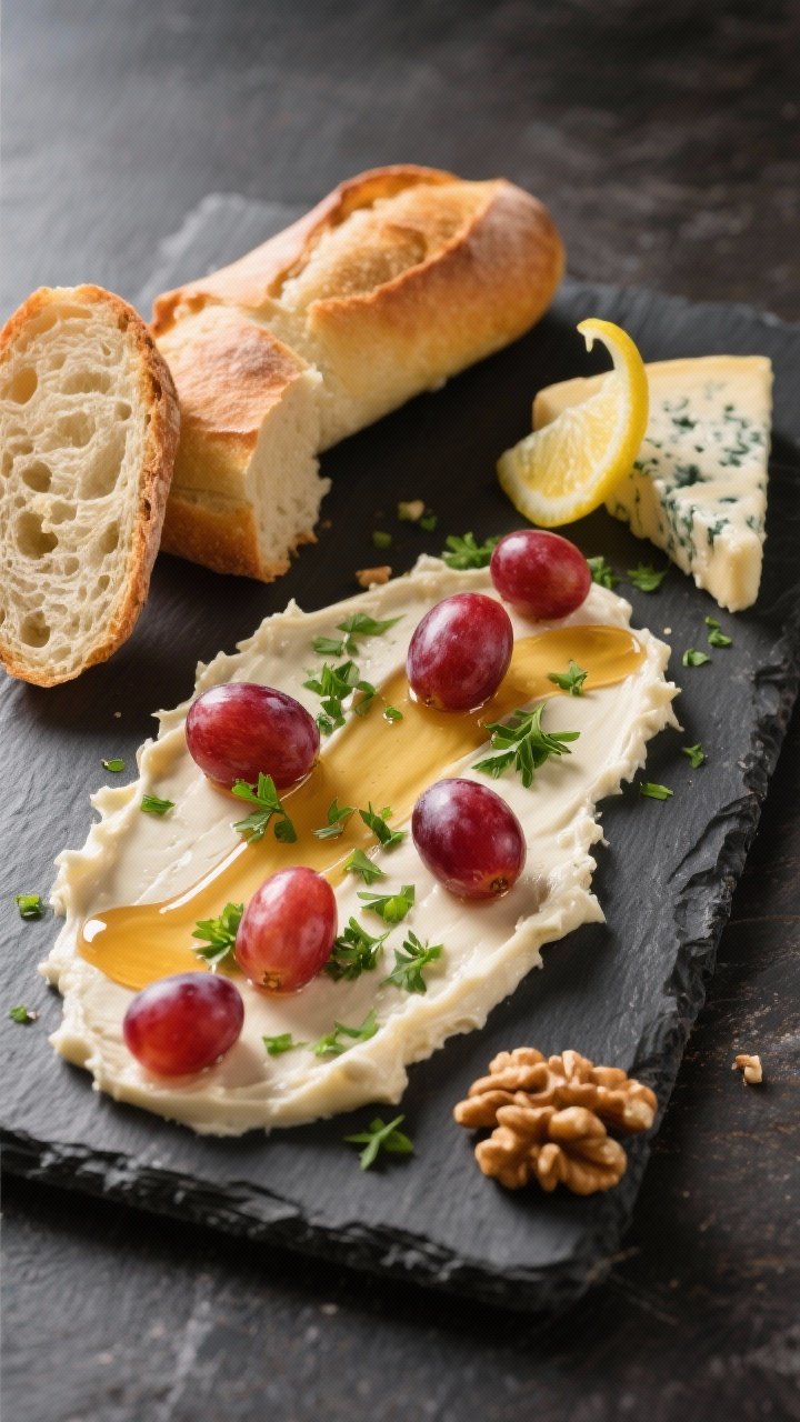 Final dish presentation: Elegant plated appetizer board featuring the finished spread swiped artfull