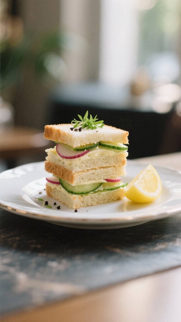Final dish presentation: Elegant plated stack of three cucumber–radish tea sandwich squares with c