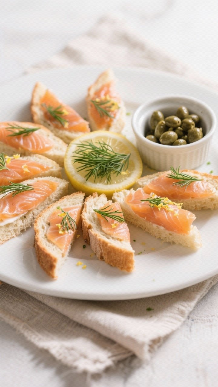 Final dish presentation: Elegant tea-time platter of trimmed salmon and dill sandwiches cut into nea