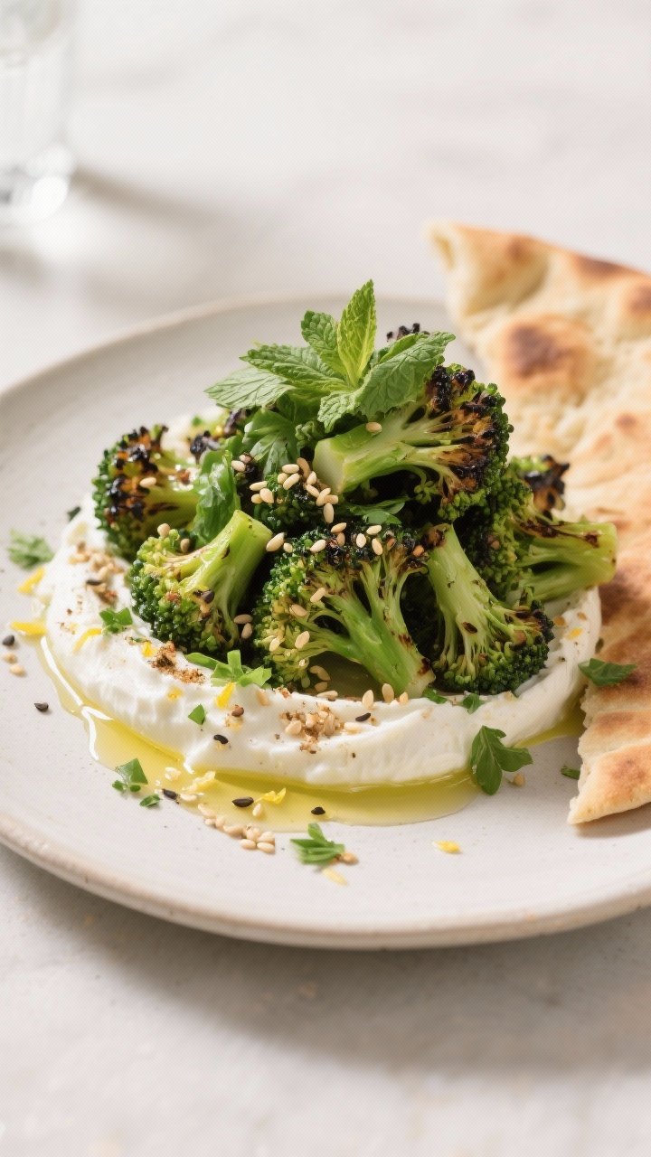Final dish presentation: Piled charred broccoli on top of the seasoned labneh base, sprinkled with r