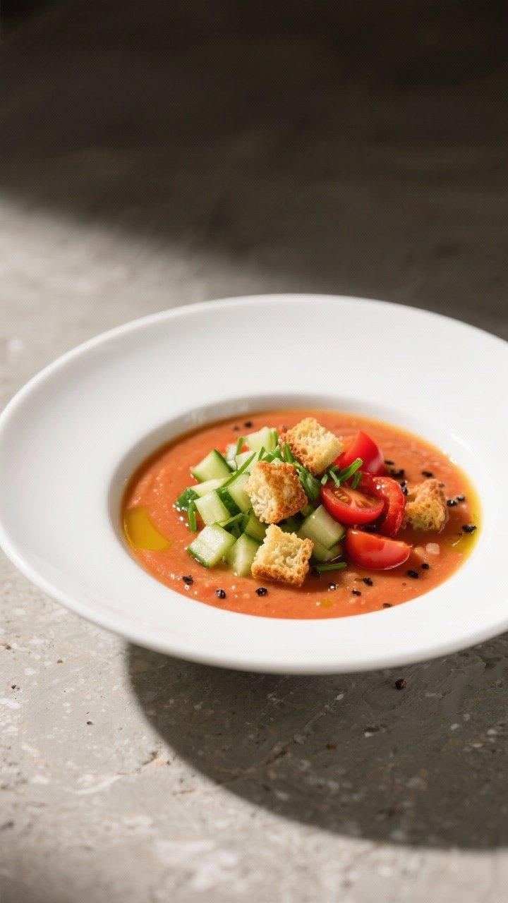 Final dish presentation: Restaurant-quality bowl of Off-the-Vine Gazpacho, garnished with neat piles