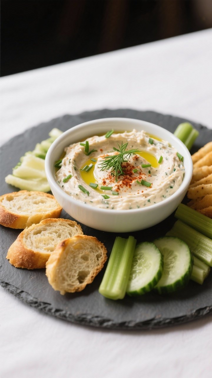 Final dish presentation: Restaurant-quality bowl of chilled smoked catfish dip finished with a tiny 