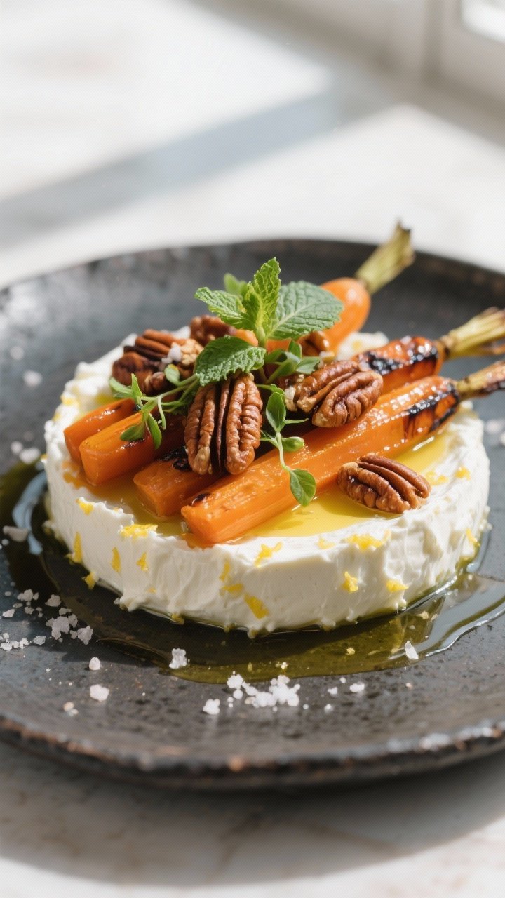 Final dish presentation: Restaurant-quality close-up of a composed plate—creamy ricotta base with