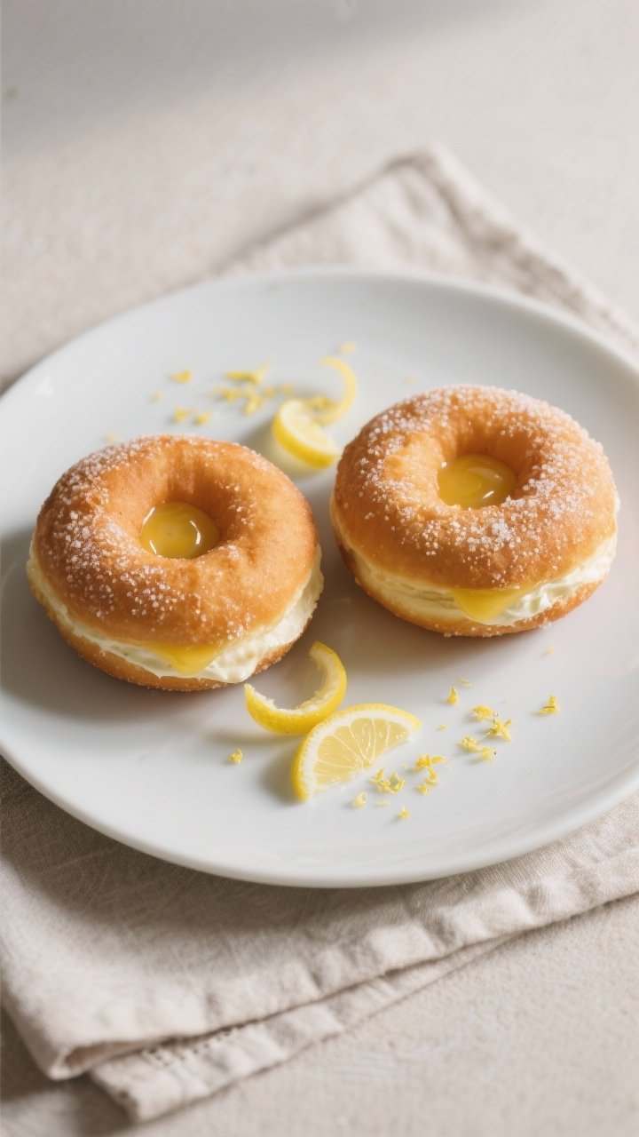 Final dish presentation: Restaurant-quality plate with two filled doughnuts arranged side-by-side on