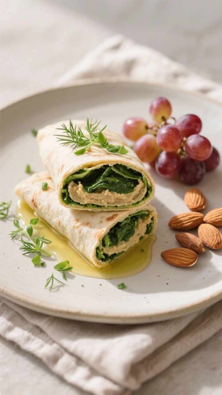 Final dish presentation: Restaurant-quality plate with a halved spinach hummus wrap stacked slightly