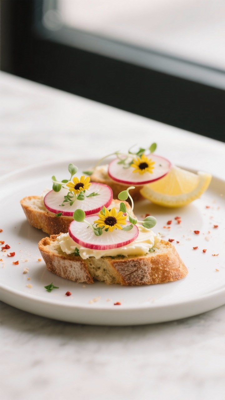 Final dish presentation: Restaurant-quality plate of Radish & Herb Butter Crostini styled for servin