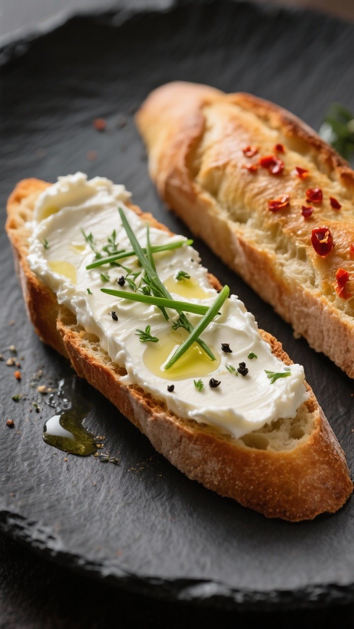 Final dish presentation: Restaurant-quality plate of toasted baguette topped with a thick smear of h