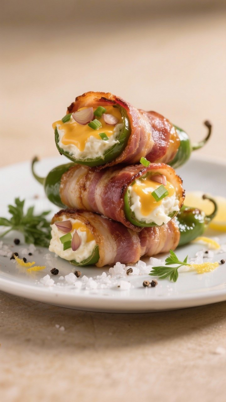 Final dish presentation: Restaurant-quality plate with three bacon-wrapped stuffed jalapenos stacked