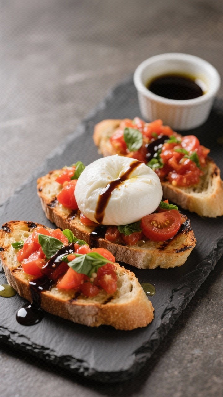 Final dish presentation: Restaurant-quality plate of tomato + burrata bruschetta—creamy burrata do