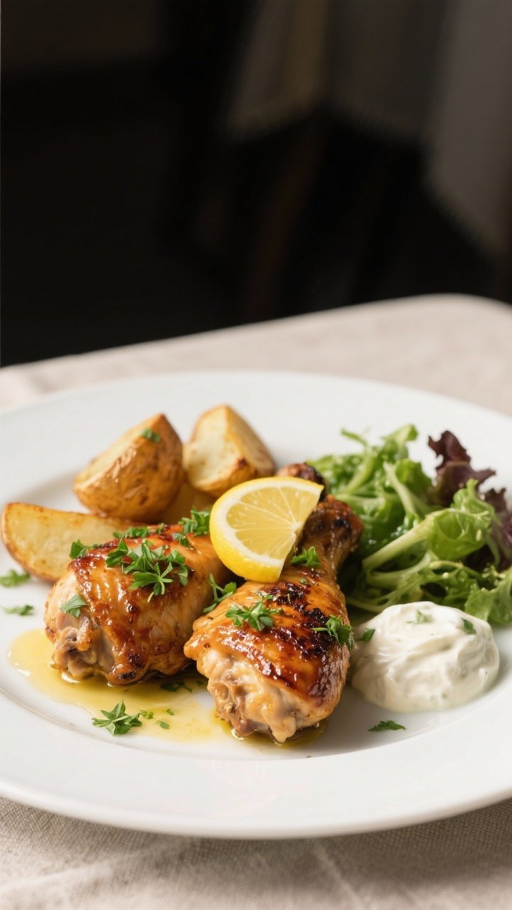 Final dish presentation: Restaurant-quality plate of whole grilled chicken thighs glazed lightly wit