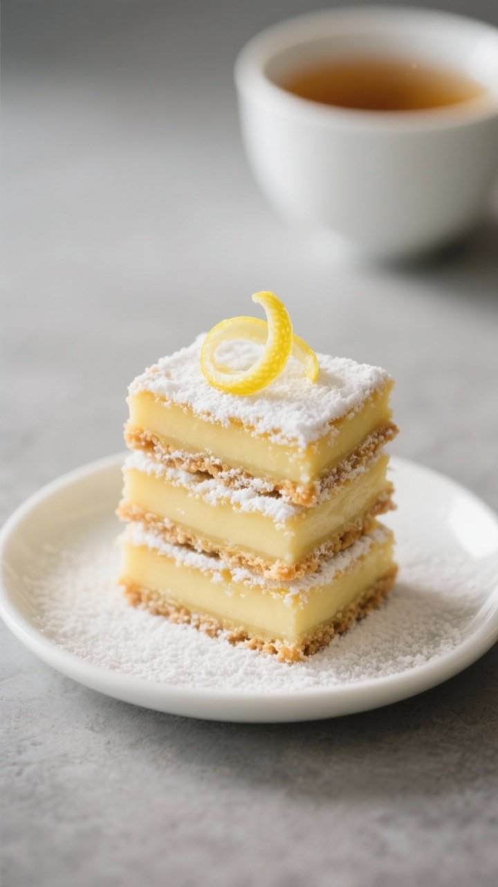 Final dish presentation: Restaurant-quality plate of three lemon bars arranged in a staggered stack,