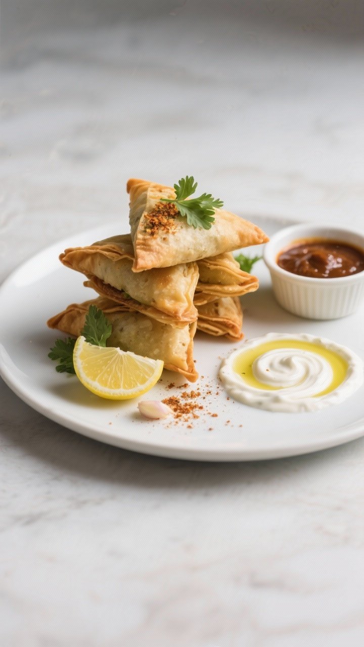 Final dish presentation: Restaurant-quality plate of potato samosas stacked in a loose pyramid on a 