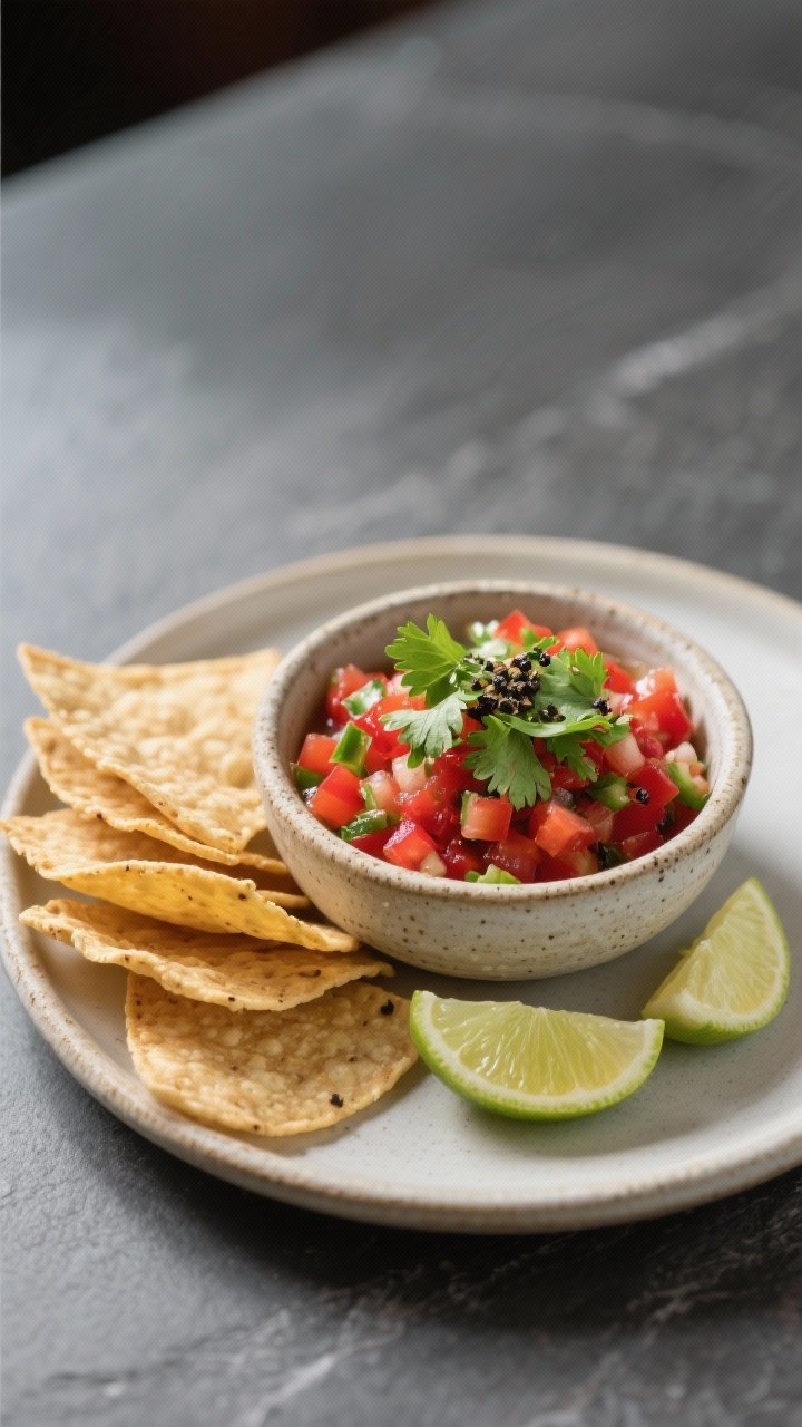 Final dish presentation: Restaurant-quality plated fresh salsa served in a small stoneware bowl, top