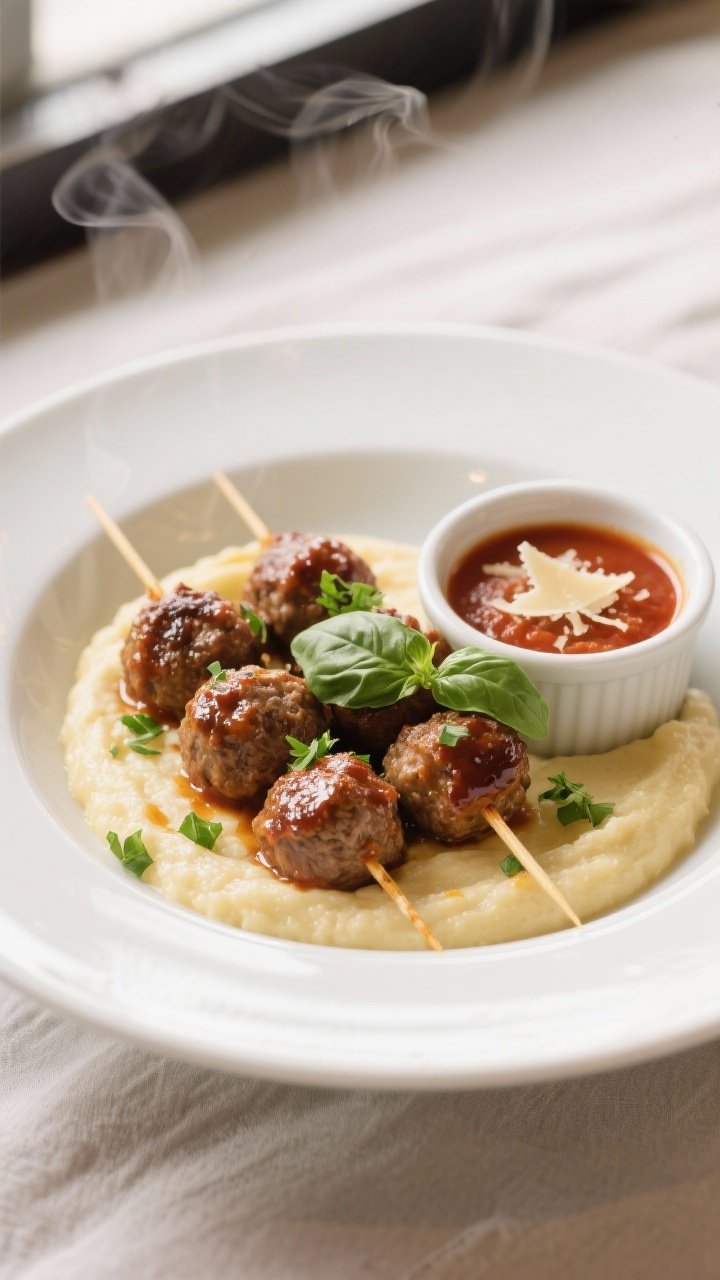 Final dish presentation: Restaurant-quality plated Italian Meatball Kabobs arranged over creamy pole