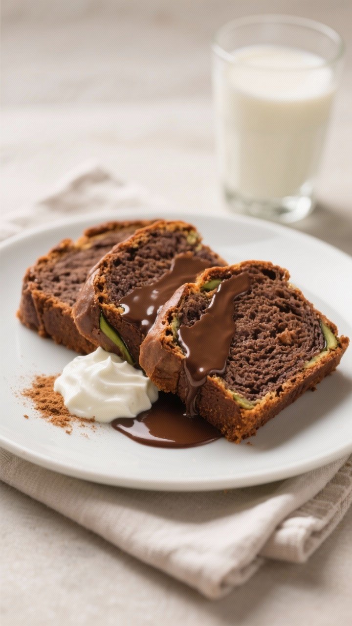 Final dish presentation: Restaurant-quality plated serving of two thick slices of chocolate zucchini