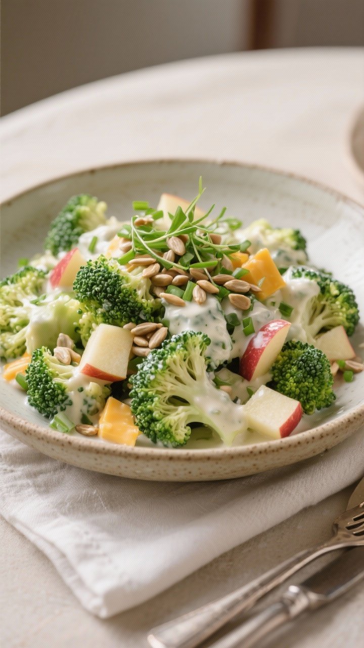 Final dish presentation: Restaurant-quality plated broccoli salad in a shallow stoneware bowl; cream
