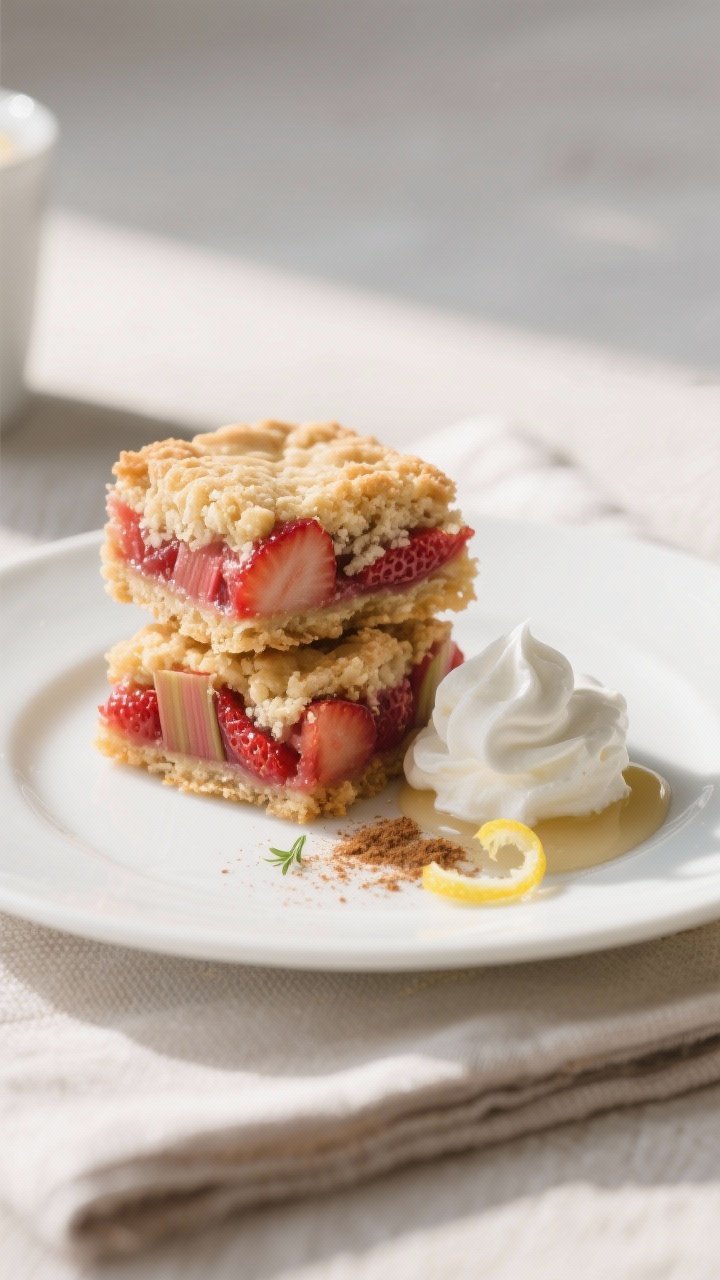 Final dish presentation: Restaurant-quality plated Strawberry Rhubarb Bars—two stacked squares on 
