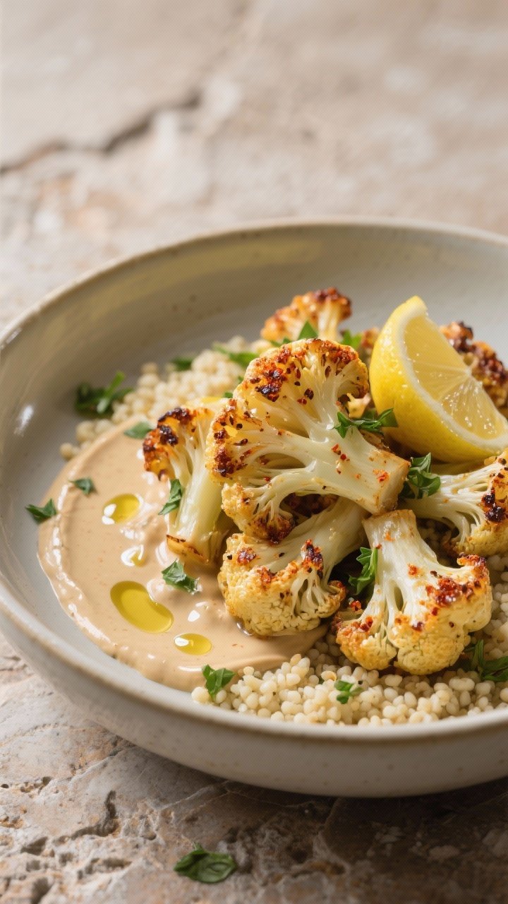 Final dish presentation: Restaurant-quality plated bowl of roast cauliflower with herbed couscous, t