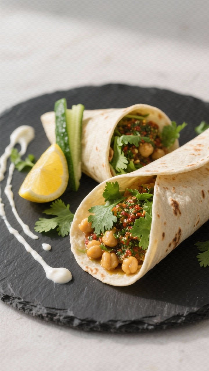 Final dish presentation: Restaurant-quality plated wrap, one whole and one halved, on a dark slate p