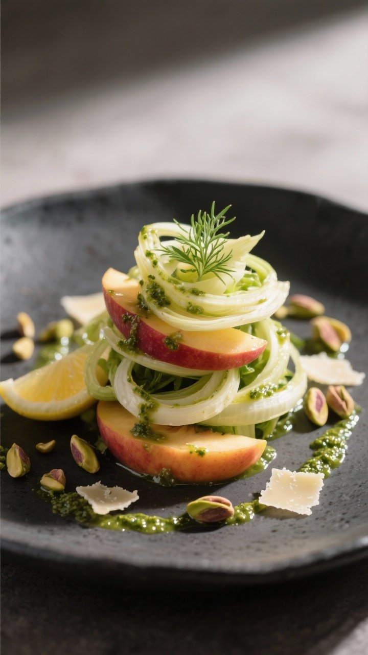 Final dish presentation: Restaurant-quality plated salad on a charcoal ceramic plate—stacked fenne