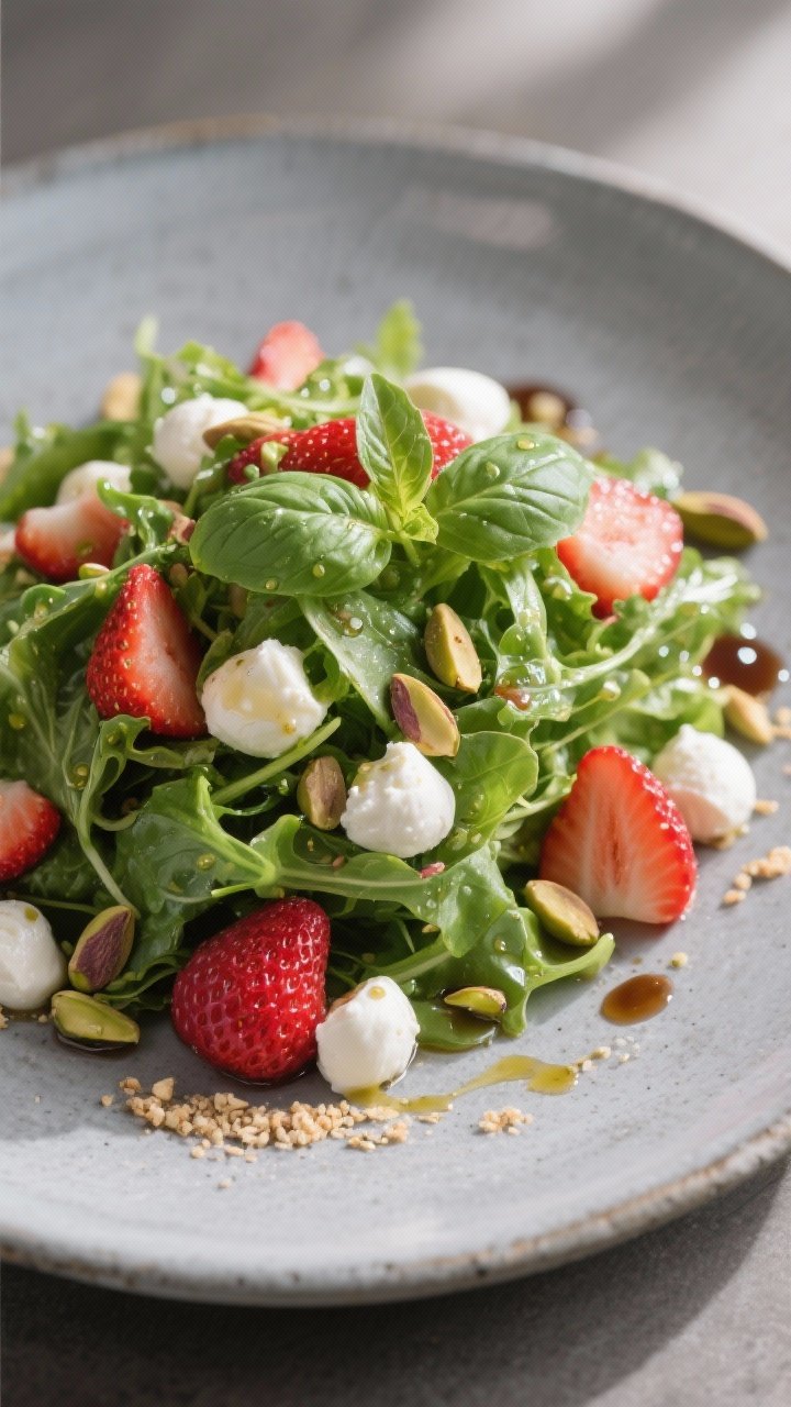 Final dish presentation: Restaurant-quality plated salad on a cool gray stoneware plate—mounded gr