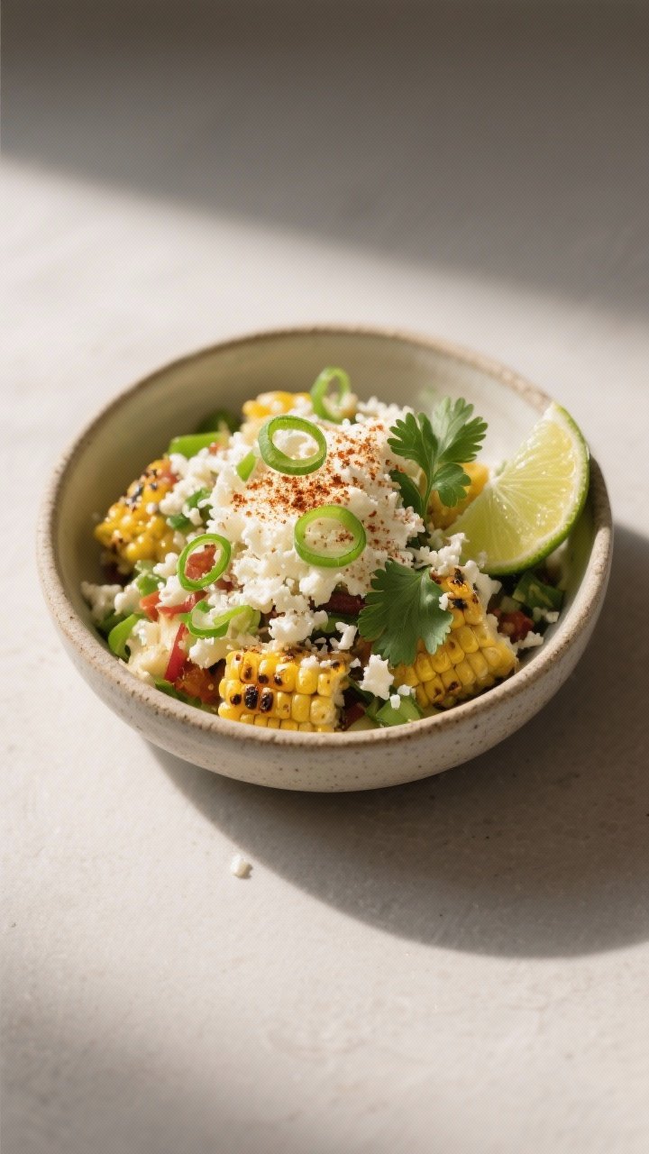 Final dish presentation: Restaurant-quality plated Mexican Street Corn Salad in a shallow stoneware