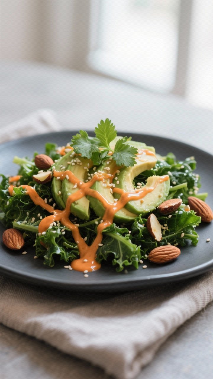 Final dish presentation: Restaurant-quality plated kale salad with carrot-ginger dressing gently dri