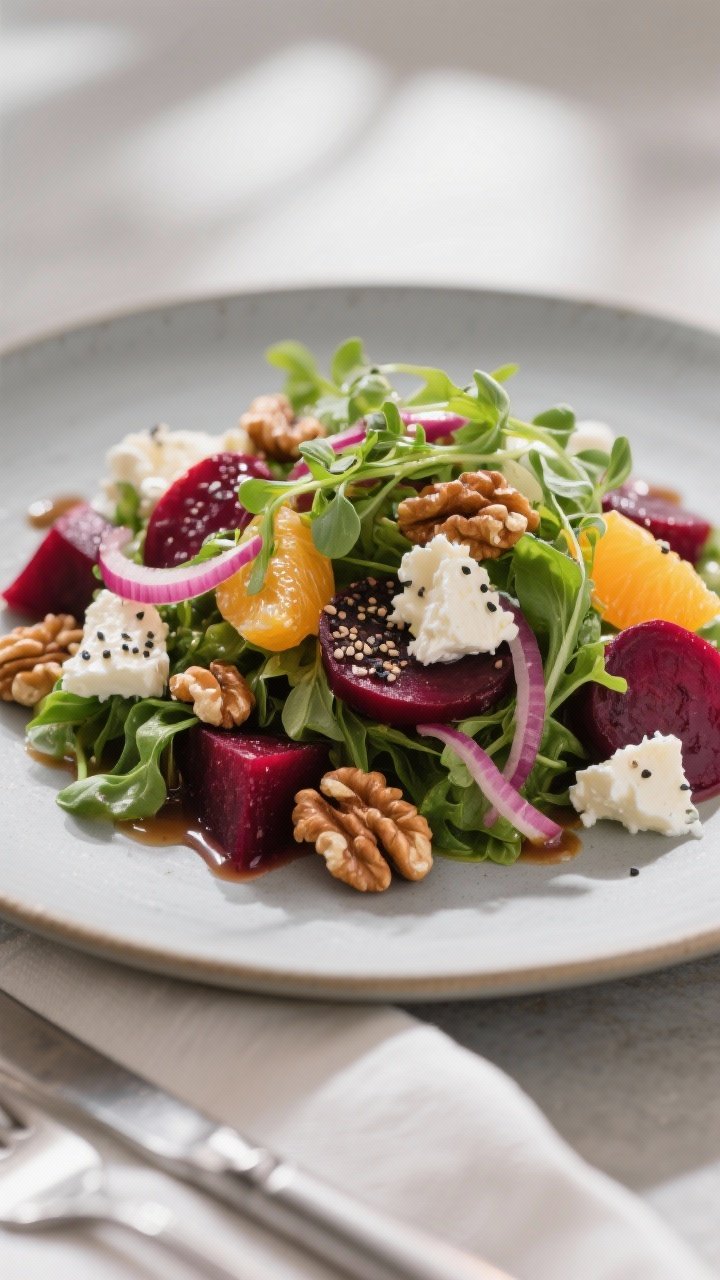Final dish presentation: Restaurant-quality plated beet salad on a matte ceramic plate—greens pile