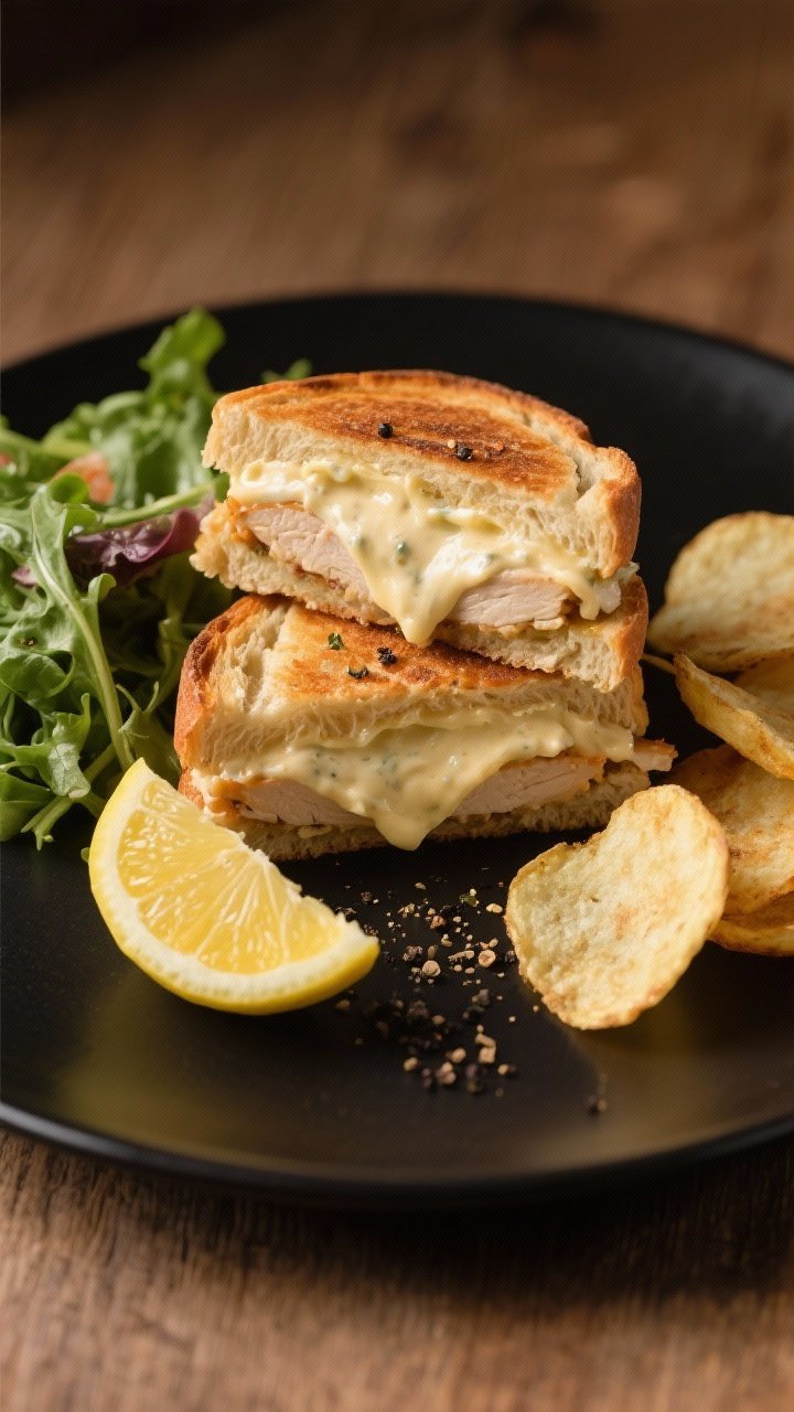 Final dish presentation: Restaurant-quality plated Chicken Mayo Braaibroodjie halves stacked slightl