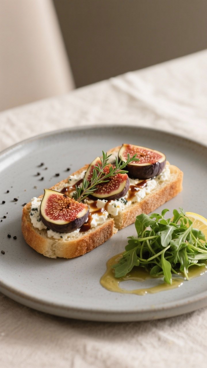 Final dish presentation: Restaurant-quality plated Fig and Feta Braaibroodjie on a matte ceramic pla