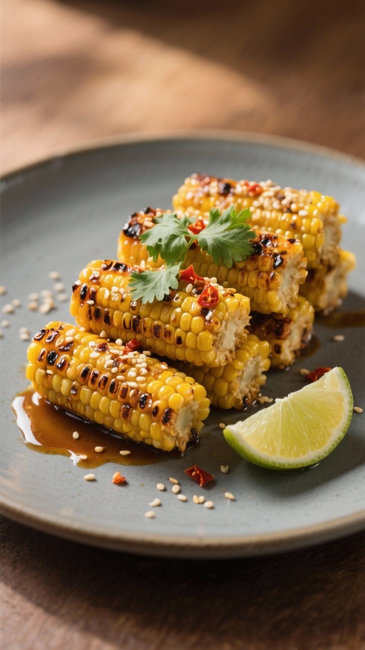 Final dish presentation: Restaurant-quality plated braaied corn arranged in a staggered stack on a m
